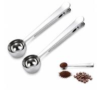 BOHUIMYI 2 Pack 2-in-1 Coffee Scoop with Bag Clip, 10g/15ML 430 Stainless Steel Measuring Spoon for Ground Coffee Beans, Tea, Sugar & Spices (7 Inch, Silver)