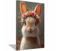BOHUO Animal Portrait Easter Bunny Canvas Wall Art Wreaths Vintage Rabbit Eggs Wall Decor Retro Wildflower Painting Artwork for Living Room Decor(Blue 64)-20x30cm Framed