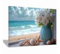BOHUO Pink Ocean Canvas Wall Art Flowers Modern Seascape Canvas Prints Seaview Landscape Artwork for Home Office Decorations(Beige 3)-80x110cm Framed