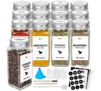 Boic 12 Pcs Spice Jar Set, 120ml Spice Jars Square Set With White Lids Spice Jar Set With German Label, Spice Organiser With Blank Stickers, Pen, Hose Brush, Silicone