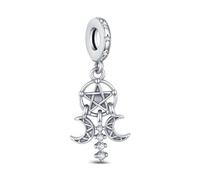 BOIGEGU Triple Moon Goddess 925 Silver Sterling Charm for bracelets Pentagram Pentacle Star Magic Amulet Talisman Crescent Moon Phase Healing Chakra Charm