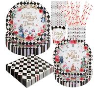BOIKOKY Alice in Wonderland Birthday Party Decorations, 120Pcs Tea Themed Party Supplies Tableware Includes Paper Plates, Napkins, Cups and Straws, Serves 24