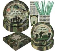 BOIKOKY Army Birthday Party Decorations, 120Pcs Camo Themed Party Supplies Tableware Includes Paper Plates, Napkins, Cups and Straws, Serves 24