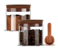 BOILMERIT 500ml Glass Coffee Canister with Wooden Lids and Scoop, Airtight Storge Container Set of 2 for Ground Coffee, Glass Jars for Cafe Beans Storage Bar Organizer