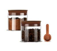 BOILMERIT 500ml Glass Coffee Canister with Wooden Lids and Scoop, Kitchen Coffee Container Set of 2 Hold Up to Total 12 oz of Coffee Bean, Airtight Food Storge Jars for Ground Coffee Bar Cereal Snack