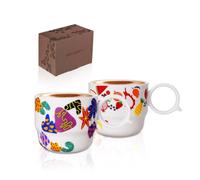 BOILMERIT Ceramic Espresso Cups Set of 2 - Mini 3 oz Double Espresso Coffee Cups Small Espresso Shot Cups with Cute Q Handle, Gift for Coffee Lovers, Floral and Fruit Patterns-White