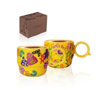 BOILMERIT Ceramic Mini Espresso Cups Set of 2 - 3 oz Double Espresso Coffee Cups with Q Handle, Yellolw Floral and Fruit Pattern, Small Espresso Shot Cups for Home Coffee Bar,Lungo