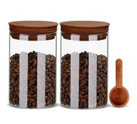 BOILMERIT Tea Coffee Sugar Canisters with Scoop and Wooden Lids, 800ml Airtight Storage Container Set of 2 for Ground Coffee, Kitchen Glass Jar for Cafe Beans, Bar Organizer
