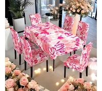 boiszeda Heart-shaped Printed Tablecloth Set 140x210cm, Waterproof Tablecloth with 4 or 6 Chair Covers, Non-Slip Holiday Dining Table Cover for Valentine's Day Party, Home Decor