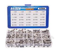 BOJACK 15 Values 300pcs Fast-blow Glass Fuses Assortment Kit 5x20mm 250V 0.1 0.2 0.25 0.5 1 1.5 2 3 4 5 8 10 12 15 20A packag in a clear plastic box