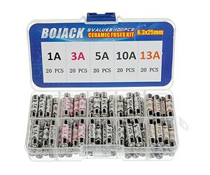 BOJACK 5 Values 100 pcs 1 3 5 10 13 A amp 240 V Volt Household Mains Plug Fuse 6.3x25 mm 0.25x1Inch BS1362 Ceramic Tube Cartridge Fuses Assortment Kit packag in a Clear Plastic Box