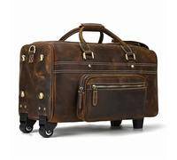 BOJHGO Large Genuine Leather Luggage Bag Wheels Duffle Trolley Case Hand with Rolls Men Women Flights Travel Gear(Dark Brown)