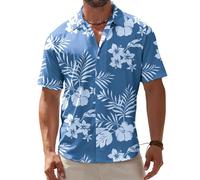 BOJIN Mens Hawaiian Shirts Casual Short Sleeve Button Down Shirts Wrinkle Free Shirts for Beach and Vacation Wear, White Flower Blue, Large