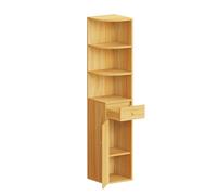 BOJU Corner Wood Bookcase Cabinet with Drawers and 3 Shelves Living Room Unit Storage Display Book Shelves Tall Slimline Bedroom Cupboard Sideboard for Small Dorm Apartment