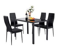 BOJU Glass Dining Table and Chairs Black Set of 4 Faux Leather Kitchen Furniture 4 Chairs High Back Glass Tabletop Metal Frame Table (1 Table 4 Chairs)