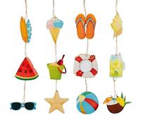 Bojueshaw 12pcs Summer Wooden Hanging Ornaments,Tropical Beach Theme Tree Decor with Strings for Hawaiian Luau Party