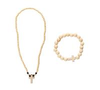 Bojueshaw 2Pcs Natrual Wooden Cross Necklace and Bracelet Set,Faith Gift for Men Women Church Prayer Rosary Accessories(Beige)