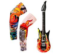 Bojueshaw 3pcs Inflatable Rock Guitar and Unique Tattoo Sleeves Are Ideal Choices for Stage Props,Parent-Child Games,and Party Events