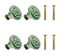 Bojueshaw 4pcs Vintage Cabinet Knobs,Ceramic Drawer Knobs,Green Flower Embossed Furniture Handle with Mounting Screws for Cupboard Drawer Closet Door