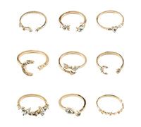Bojueshaw 9pcs Gold Stackable Ring Set,Vintage Rhinestone Rings,Boho Star & Moon Adjustable Rings for Women Everyday Wear