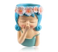 Bojueshaw Face Planter Pot,Resin Human Head Planter,Small Cute Girl Face Succulent Pots,Succulent Plant Pot for Indoor Outdoor Cacti Home Garden(Blue)