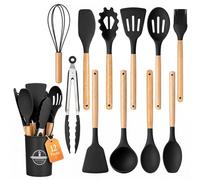 Bojury Silicone Kitchen Utensils Set, 12pcs Non Stick & Heat Resistant Cooking Set with Holder, Ladles, Spoons and Spatulas Set -Kitchen Tools & Accessories Black