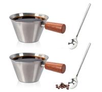 BOJVESH 2Pcs Espresso Measuring Cup, 3.4oz/100ml Stainless Steel Coffee Mug | V-Shaped Drain with Wooden Handle, Double Spout Pour Spout Espresso Mugs with Scale for Coffee, Latte Art and Kitchen