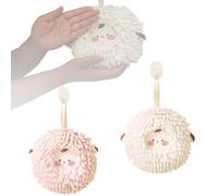 BOJVESH 2Pcs Fuzzy Ball Hand Towel, Cute Chenille Hand Towels, Soft Absorbent Hanging Towel Ball, Decorative Fasting Drying Hand Towel Set for Kitchen Bathroom Kids Adults (Pink, White)