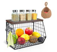 BOJVESH 2PCS Hanging Fruit Baskets, Detachable Fruit Storage Basket with Wooden Lid and Woven Teardrop Hanging Storage Basket, Fruit Vegetable Storage Wall for Kitchen (Black and Brown)