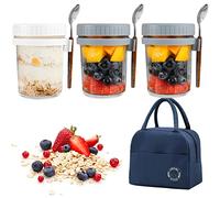 BOJVESH 3Pcs Overnight Oats Breakfast Jars, Reusable 12oz Glass Oatmeal Container with Bag, Lids and Spoons, Large Capacity Airtight Yogurt Container Cups for Cereal Milk Salads Fruit