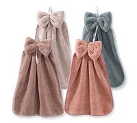 BOJVESH 4Pcs Bowknot Hanging Hand Dry Towels, Microfiber Coral Velvet Hand Towels Hanging Loop, Absorbent Super Soft Cute Hand Towels for Kitchen Bathroom Kids Adults…