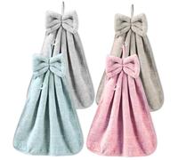 BOJVESH 4Pcs Bowknot Hanging Hand Dry Towels, Microfiber Coral Velvet Hand Towels with Hanging Loop, Super Absorbent Soft Cute Hand Towels, Hanging Hand Dry Towels for Kitchen Bathroom Kids Adults