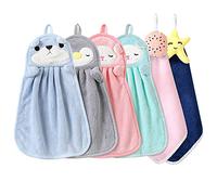 BOJVESH 6Pcs Cute Animals Hand Towels Set for Kitchen, Absorbent Soft Coral Velvet Hand Dry Towel with Hanging Loop, Microfibre Quick Dry Hanging Face Towel Washcloth for Kids Adults Bathroom…