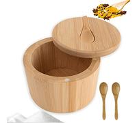 BOJVESH Bamboo Salt Boxes with3 Small Wooden Spoons, Swivel Lid Container with Magnetic Swivel Lid, Salt Spice Storage Box for Kitchen Seasonings, Spices, Herbs, Pepper or Small Items (1-Compartment)