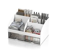 BOJVESH Desk Organiser with Drawer, 8 Grids, Multifunctional Plastic Stationary Organiser, Tidy White Desktop Storage Box, Large Capacity Desk Accessories for Home Office School Table Decor
