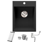 Bokaiya Black Granite Kitchen Sink 38x50cm, Single Basin 30cm Undermount Small Single Bowl, Mini Basin Outdoor Rv with Strainer Waste & Overflow Kit, Roll-up Rack and Siphon