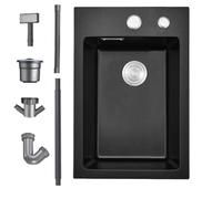 Bokaiya Black Kitchen Sink, 35x45cm Quartz Composite Kitchen Waste Kit, Drop in Topmount Sink Single Bowl, Deep Campervan with 2 Tap Holes and Siphon, Suitable for Workstation