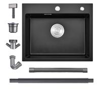 Bokaiya Black Kitchen Sink, 55x45cm Quartz Composite Kitchen Waste Kit, Drop in Topmount Sink Single Bowl, Deep Campervan with 2 Tap Holes and Siphon, Suitable for Workstation