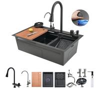 Bokaiya Black Kitchen Sink, 75x45x21cm, Multifunction Waterfall, Raindance Professional Countertop Single Bowl Kitchen Sink Stainless Steel Washbasin with High Pressure Pull-Out Faucet