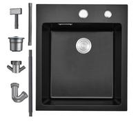 Bokaiya Black Small Kitchen Sink, 40x45cm, Drop in Topmount Quartz Composite Kitchen Waste Kit, Deep Single Bowl Campervan Sink, with 2 Tap Holes