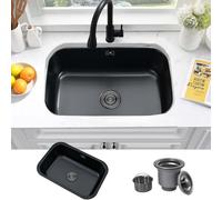 Bokaiya Black Undermount Kitchen Sink, 68x46cm 18 Gauge Stainless Steel Deep Single Bowl with Overflow, Heavy Duty Brushed Black Sink for Kitchen, Restaurant, Cafe