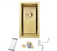 Bokaiya Gold Bar Sink, Undermount 25 x 45 cm Bar Prep 16 Gauge Stainless Steel Single Bowl Kitchen Sink, Small Rv Single Bowl with Overflow, Roll-up Rack and Siphon