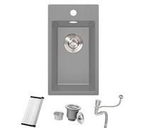 Bokaiya Grey Granite Kitchen Sink 28x50cm, Single Basin 30cm Undermount Small Single Bowl, Mini Basin Outdoor Rv with Strainer Waste & Overflow Kit, Roll-up Rack and Siphon