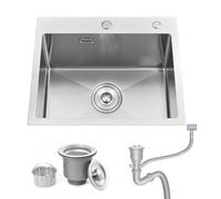 Bokaiya Kitchen Sink, 50x45 cm Drop in Topmount Stainless Steel Small Campervan Sink,Deep Brushed Nickel Single Bowl with 2 Tap Holes and Siphon, for Small Kitchen, Bar, Restaurant