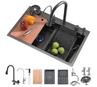 Bokaiya Kitchen Sink, Multifunction Waterfall, Raindance Professional Countertop Kitchen Sink Stainless Steel Washbasin with High Pressure Pull-Out Faucet Black 85x50x21cm