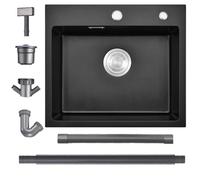 Bokaiya Quartz Kitchen Topmount Sink 50x45x20cm, Quartz Kitchen Built-in Black with Overflow, Deep Single Bowl, 2 Faucet Holes and Siphon, Suitable for Workstation and Bar Sink