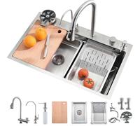 Bokaiya Raindance Nano Stainless Steel Waterfall Kitchen Sink, 90 x 45cm Waterfall Sink, Drop in Multifunctional with Glass Washer, Pull Out Faucet, Chopping Board and Drainer Fitting(Silver)