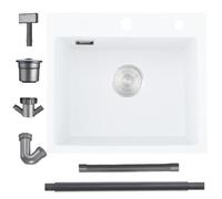 Bokaiya White Kitchen Sink, 55x45cm Quartz Composite Kitchen Waste Kit, Drop in Topmount Single Bowl, Small Sink with 2 Tap Holes and Siphon, Overfolw, Suitable for Workstation