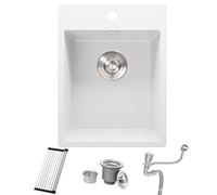Bokaiya White Small Granite Kitchen Sink, 38 x 50 cm Campervan Kitchen Sink Bowl, Single Bowl Mini Basin Outdoor Rv with Strainer Waste & Overflow Kit, Roll-up Rack and Siphon