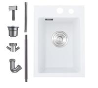 Bokaiya White Small Kitchen Sink, 35x45cm, Drop in Topmount Quartz Composite Kitchen Waste Kit, Deep Single Bowl Campervan Sink, with 2 Tap Holes and Siphon, Overfolw, Suitable for Workstation